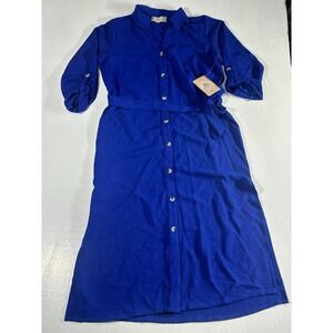 Women's Blue Button Front Shirt Dress Belted Long Sleeve Casual Midi
